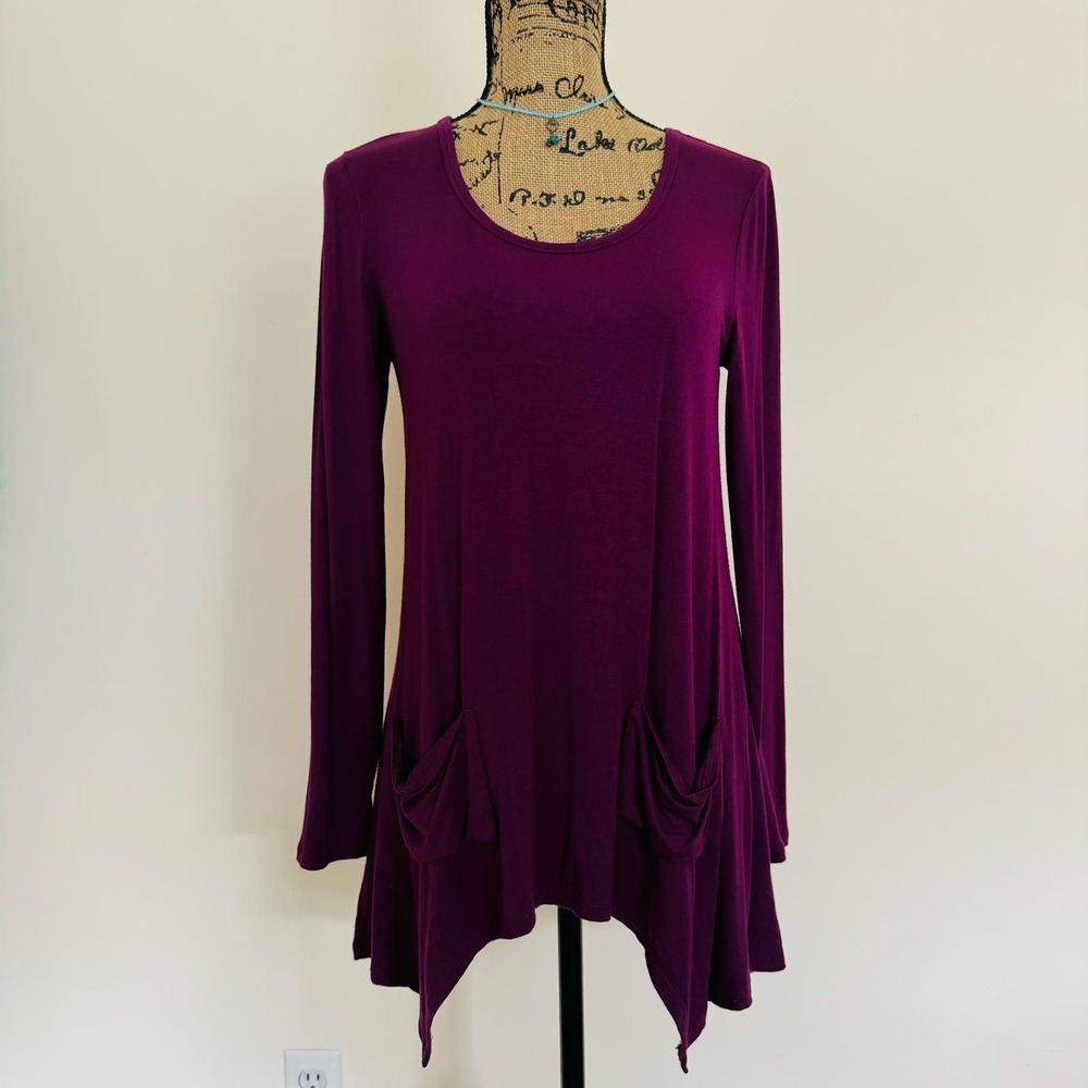 Joan Vass New York Wine Plum Purple Flowy Boho Long Sleeve Top w Pockets Small